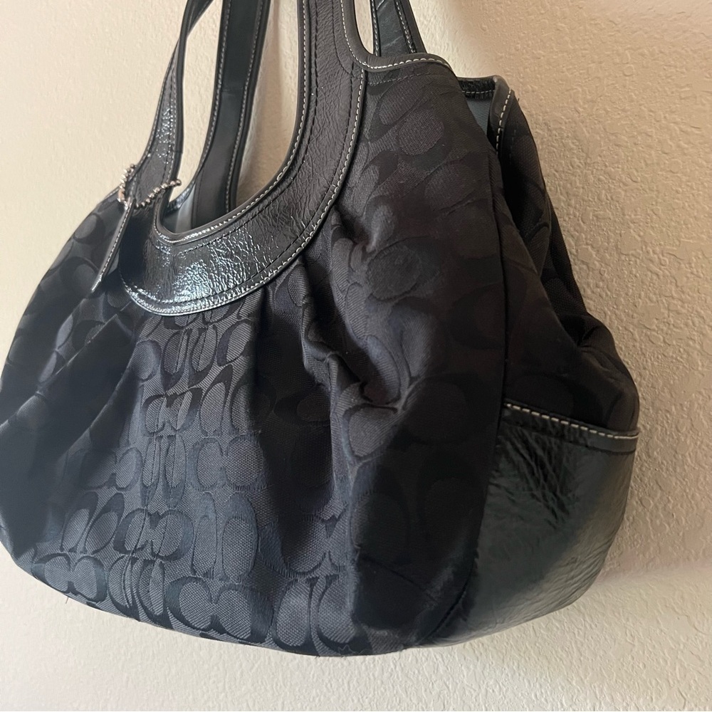 COACH Black Logo Canvas with Patent Leather Trim Shoulder Kiss-lock Satchel - Picture 3 of 12